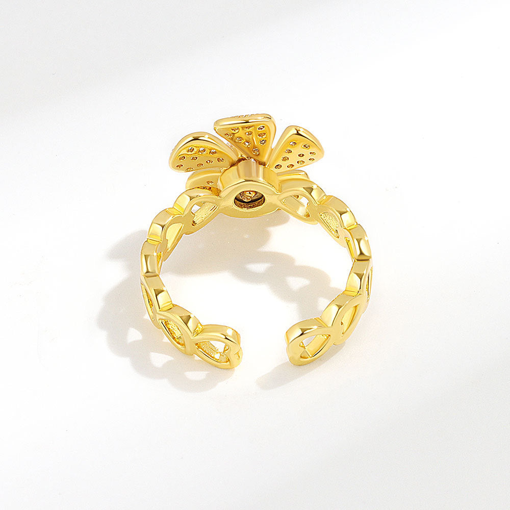 Womens Simple Micro Inlay Rotatable Flower Ring With Zircon Copper Plating In Gold Or Platinum Tone Adjustable Opening For Everyday Wear