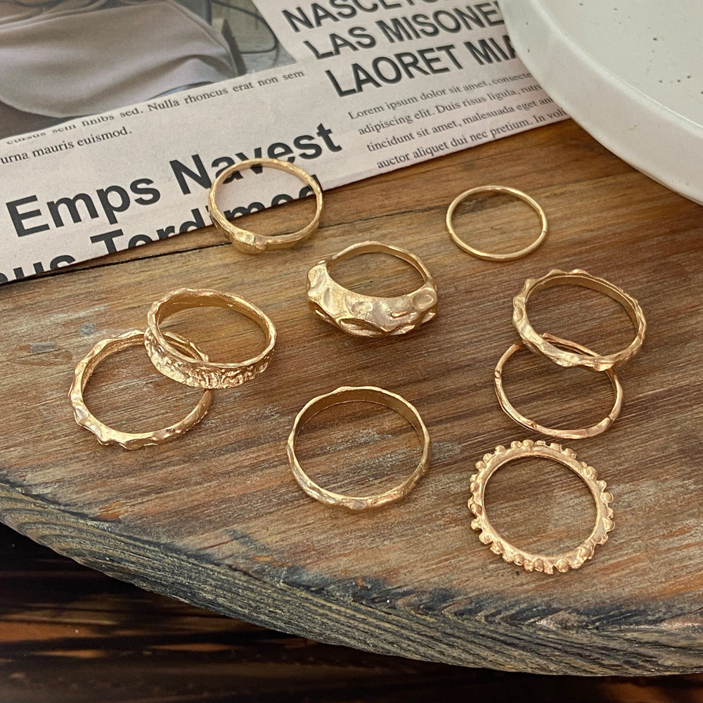 Unisex Geometric Rings Set 9 Piece Punk Metal Irregular Alloy Electroplated Statement Rings Retro Travel Unique