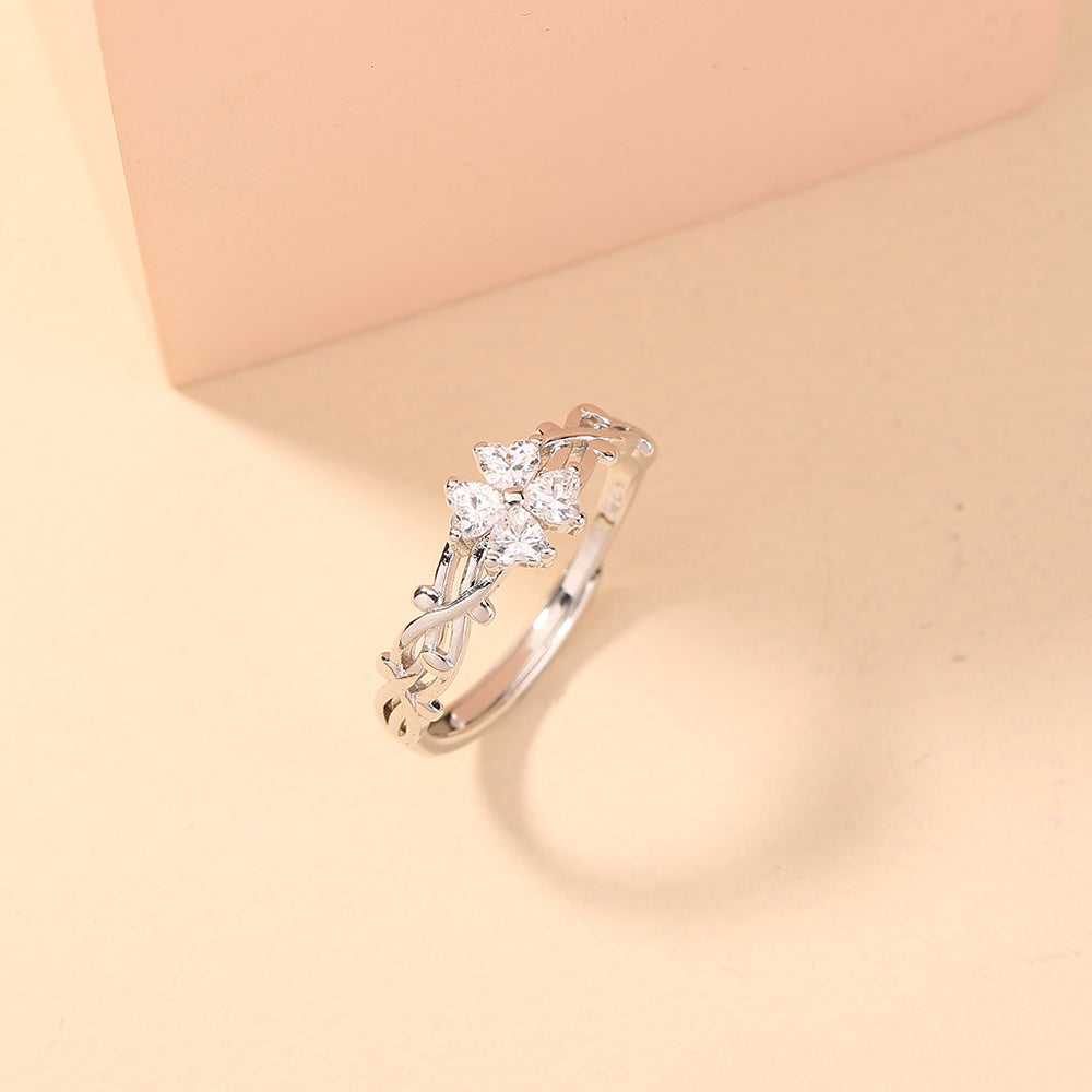 Adjustable Zircon Ring Hollow Copper Pattern Women Fashion Jewelry Elegant Electroplated Durable Statement Ring