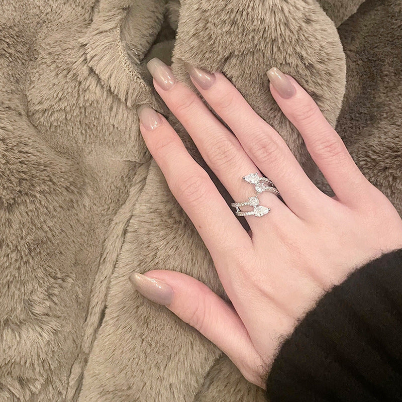 Womens Zircon Water Drop Copper Geometric Ring Open Adjustable Dual Layer Elegant Chic Jewelry Gift Idea Today