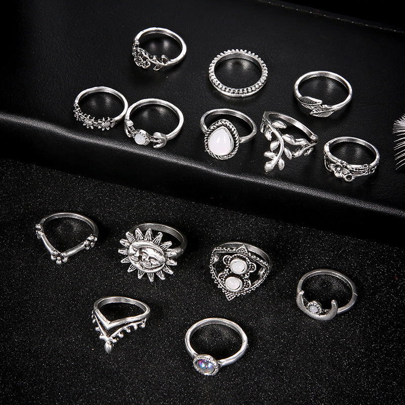 Womens Vintage Ring Set 14 Pieces With Sun Moon Flower Water Drop Designs And Artificial Gemstones Alloy Rings