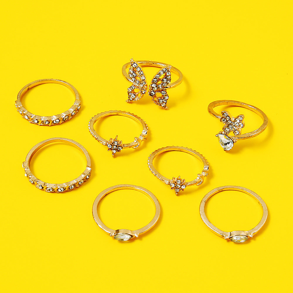 Womens Butterfly Flower Ring Set Vintage Alloy Jewelry 8 Piece With Artificial Gem Inlays For Wedding And Festive Wear