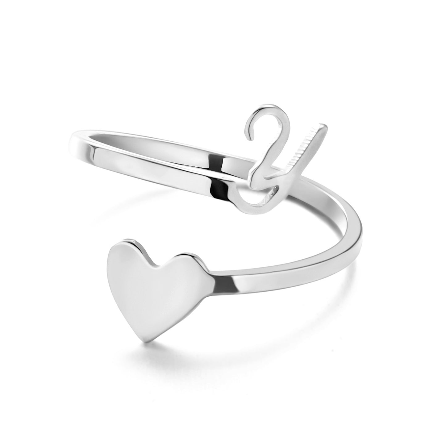Womens Initial Letter Ring Adjustable Stainless Steel Heart Design 3D Open Heart Electroplated Fashionable Chic