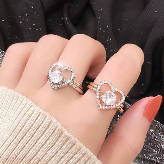 Womens Two In One Love Ring Set Adjustable Alloy Ring With Zircon Inlay Rhinestone Decor Gift For Her Everyday