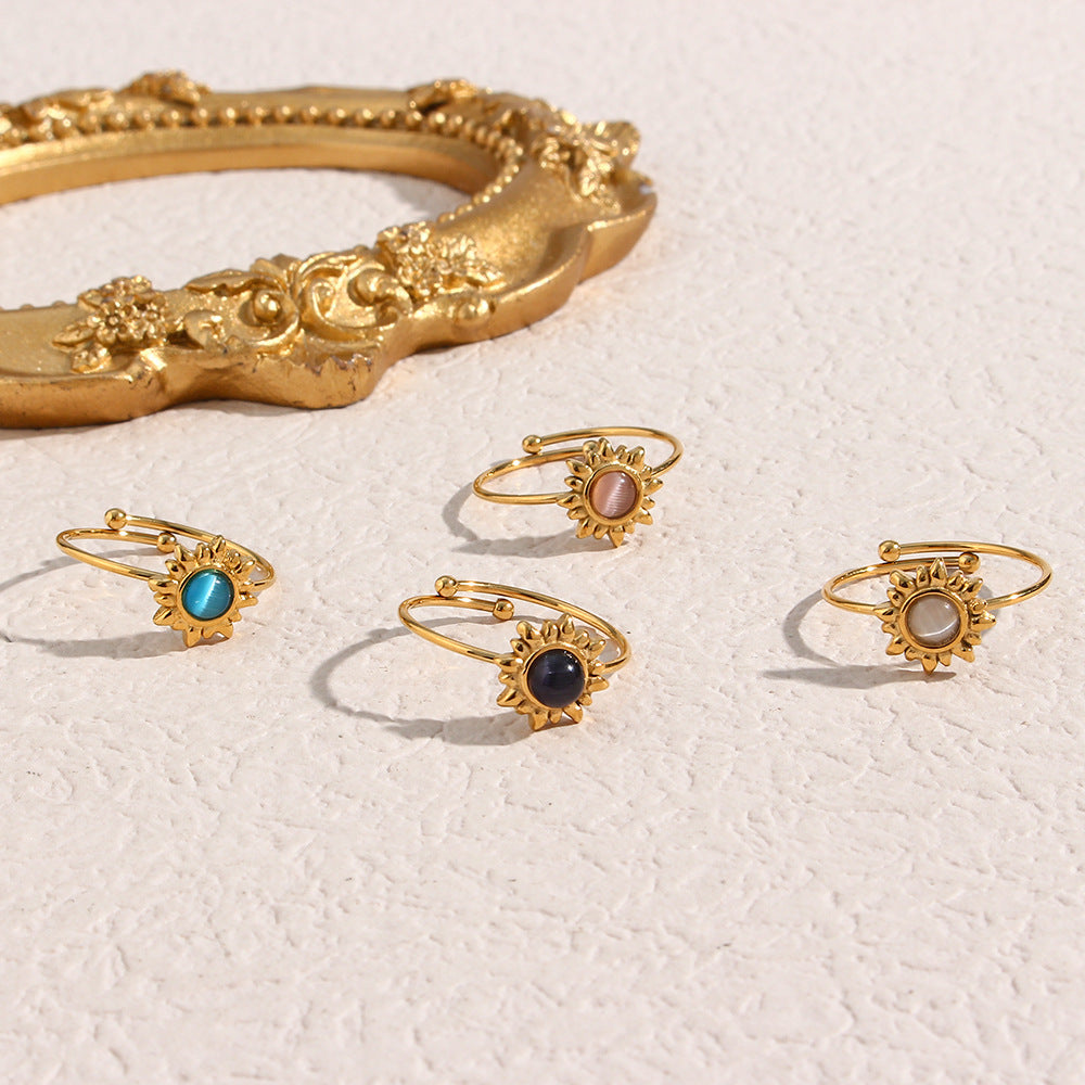 Womens Vintage Agate Ring With Opal Inlay Adjustable Stainless Steel Band Geometric Retro Style Timeless Accessory