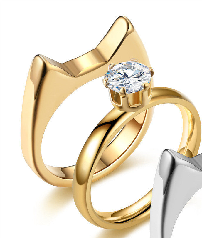 Cat Ear Rings Stainless Steel Polished Cartoon Couple Jewelry Gift For Animal Lovers Golden Zircon Accents Lux