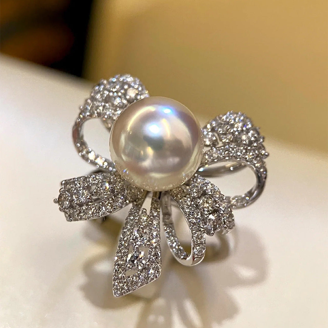 Womens Pearl Bow Ring French Style Elegant Adjustable Opening Copper Fashion Jewelry Trendy Accessory Bow Ring