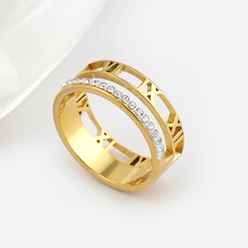 Womens Stainless Steel Ring Hollow Design With Diamond Inlay And Gold Number Fashion Jewelry For Everyday Look