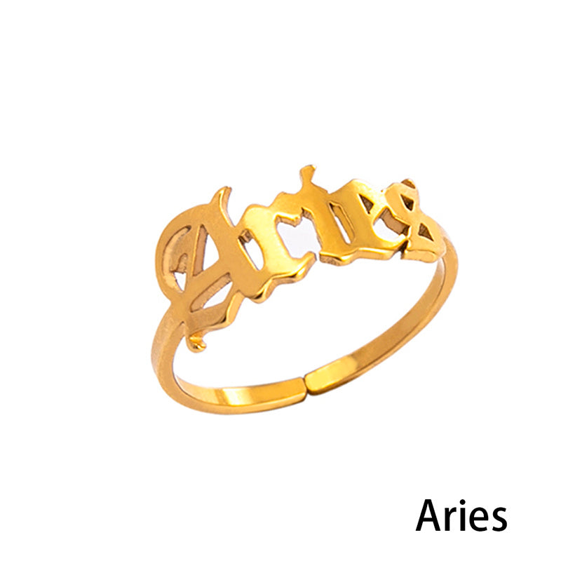Stainless Steel Zodiac Sign Open Ring Adjustable Gold Letter Initial Ring for Women Lightweight Everyday Spark