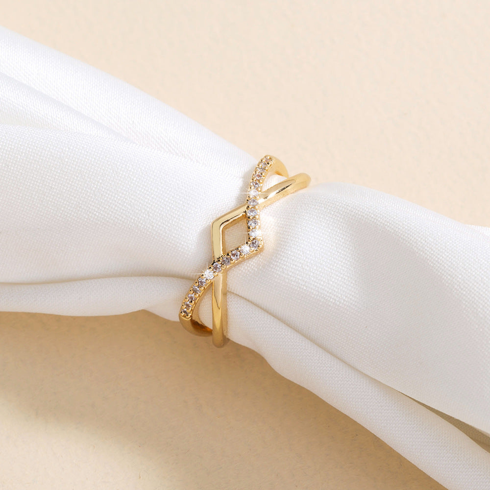 Golden Cross Ring Adjustable With Inlaid Zircon Stones Copper Wave Ring Women Gifting Elegant Jewelry For All