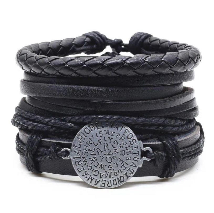 Mens Leather Braided Bracelet European Design Alloy Inlaid Gemstones Retro Geometric Accessory Woven Wristband