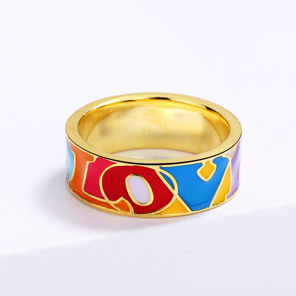 Gold Plated Brass Ring With Epoxy Colored Letters Geometric Design Durable Fashion Jewelry Accessory In Sizes 6 7 8 9 10 Everyday Wear