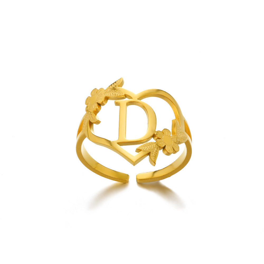 Heart Shaped Initial Rings Women Adjustable Stainless Steel Letters Ring Unisex European Design Letters Numbers