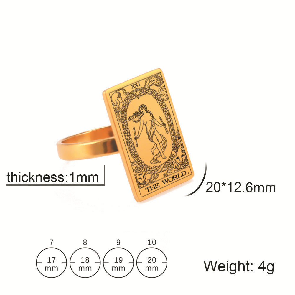Unisex Tarot Card Ring Stainless Steel European American Patterned Jewelry Travel Souvenir Gift Accessory Men Women