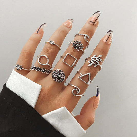 Womens Fashion Rings Geometric Hollow Flower Design Alloy Metal Electroplated Finish Statement Ring Set Flower