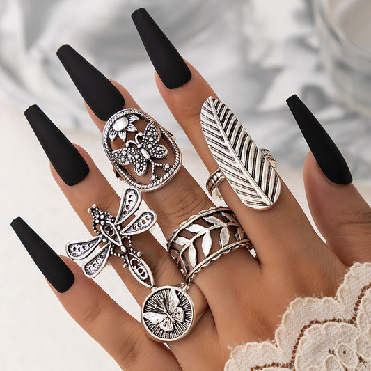 Womens Fashion Rings Set Retro Geometric Alloy Electroplated Ring Leaf Totem Five Piece Ring Set Five Ring Set