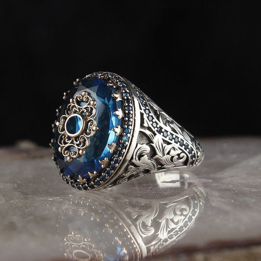 Mens Geometric Ring With Blue Zircon Gemstone Antique Silver Finish Alloy Band European American Design Fashion Jewelry