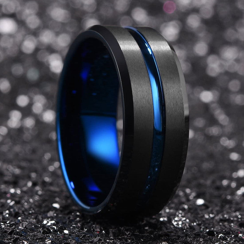 Two Tone Blue And Black Stainless Steel Ring Geometric Design For Men Fashion Jewelry Metal Band Statement Ring