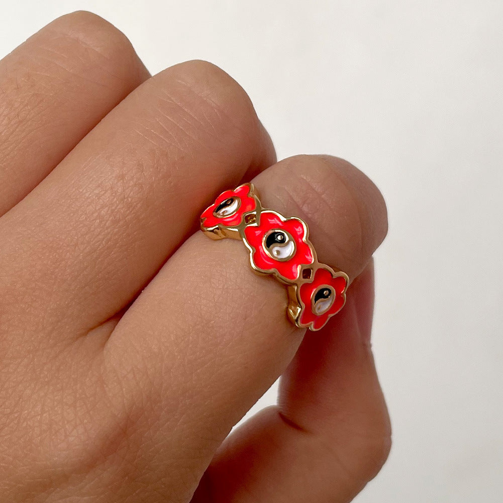 Womens Alloy Ring Drip Oil Color Flower Design Bagua Style Elegant Floral Ring For Women Fashion Jewelry Trend