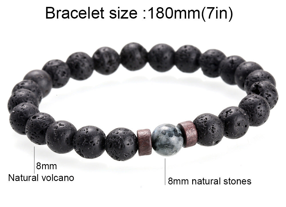Unisex Volcanic Stone Beaded Bracelet With Alloy Inlay Gemstone Accent Fashion Jewelry Gift For Men MatteBlack