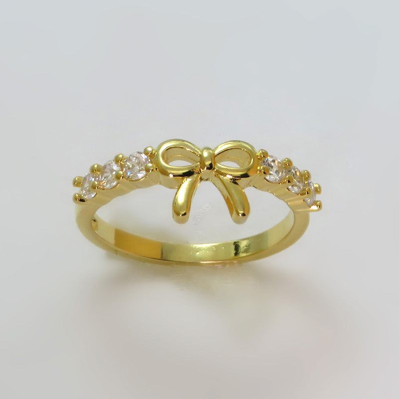 Womens Bowknot Ring With Zircon Inlay Yellow Gold Plated Copper Ring Fashion Jewelry Gem Semi Precious For Her