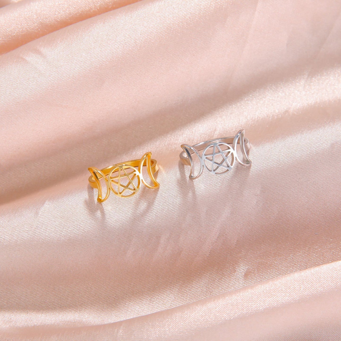 Unisex Double Moon Pentagram Ring Stainless Steel Electroplated Gold Band Jewelry Size 7 8 9 10 11 Modern Touch