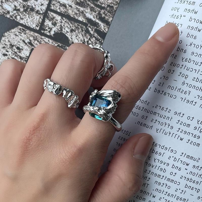 Azure Crystal Geometric Ring Adjustable Gold Plated Alloy Artificial Gemstone Jewelry Fashion Statement Sparkle