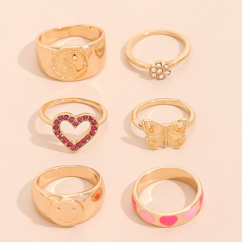 Trendy Butterfly Smiley Ring Set Geometric Rings Korean Style Zinc Alloy Jewelry For Holiday Gift Fashion Accessories