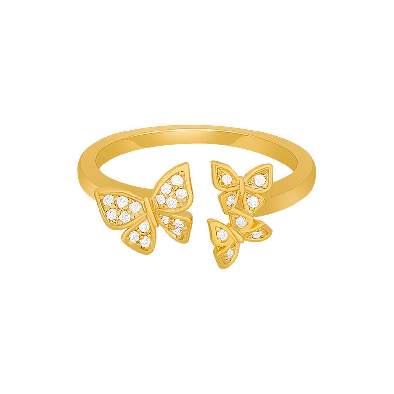Real Gold Plated Butterfly Ring With Zircon Inlay In Alloy Open Adjustable Band For Women Gift Korean Style Jewelry
