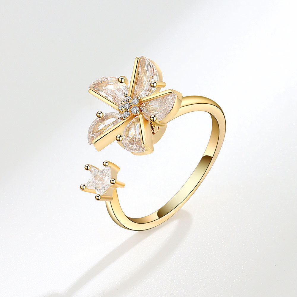 Women Adjustable Opening Ring With Rotating Rose Flower Design Copper Ring With Zircon Floral Geometry Collection