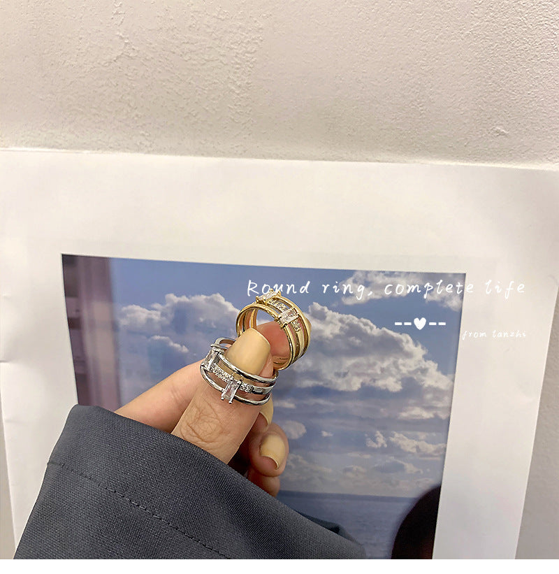 Triple Layer Gold Plated Brass Zircon Rings With Inlaid Geometric Design Korean Fashion Gift For Women For Her