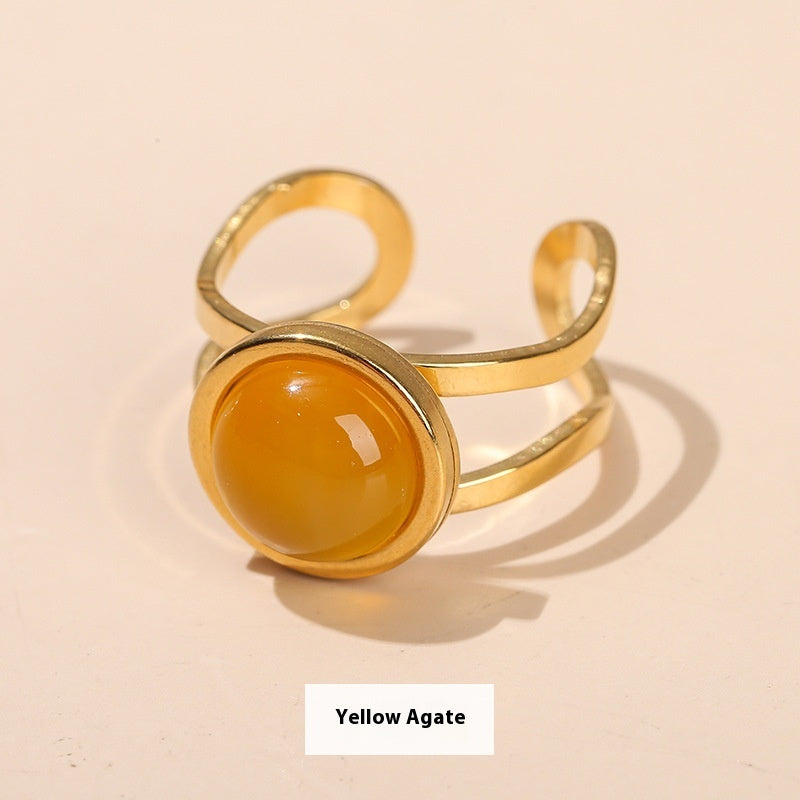 Gold Tone Stone Ring Open Adjustable Titanium Steel Jewelry
