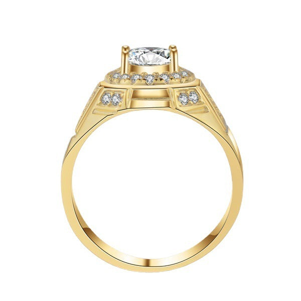 Men's 18K Gold Plated Zircon Engagement Ring Geometric Design European American Style Durable Wedding Band AAA