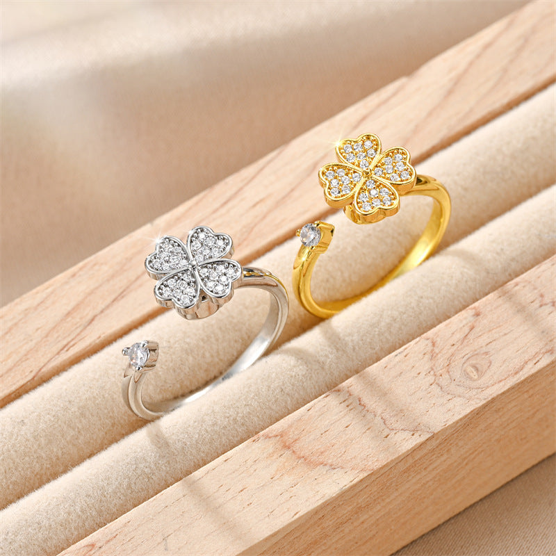 Rotating Clover Ring for Women Four Leaf Gold Silver Tone