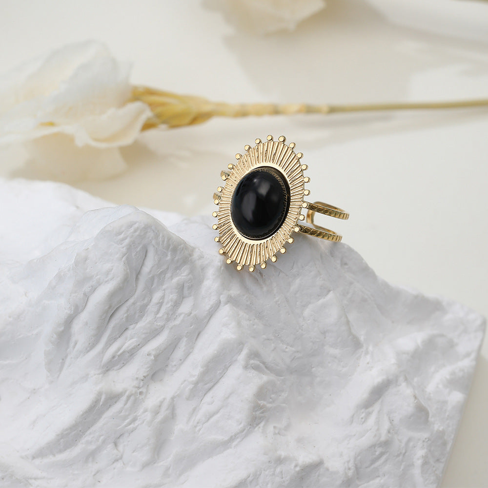 Unisex Stainless Steel Ring with Black Stone and Green Stone Adjustable Opening Geometric Retro Ring for Men and Women Titanium Steel Band