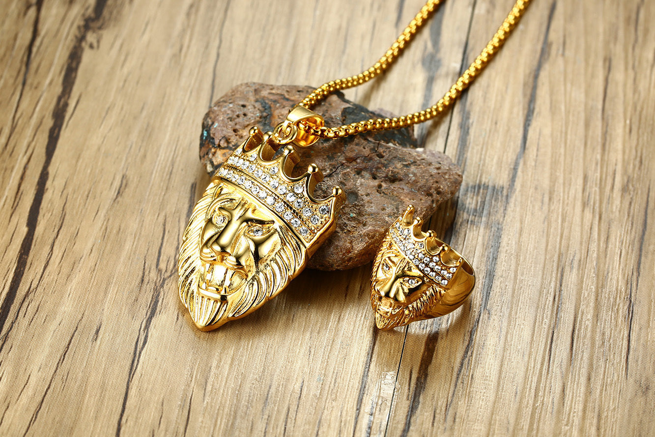 Men's Lion Head Ring Stainless Steel Band with Rhinestone Crown Animal Jewelry Statement Ring Biker Ring for Men Fashion Ring Golden Lion Ring