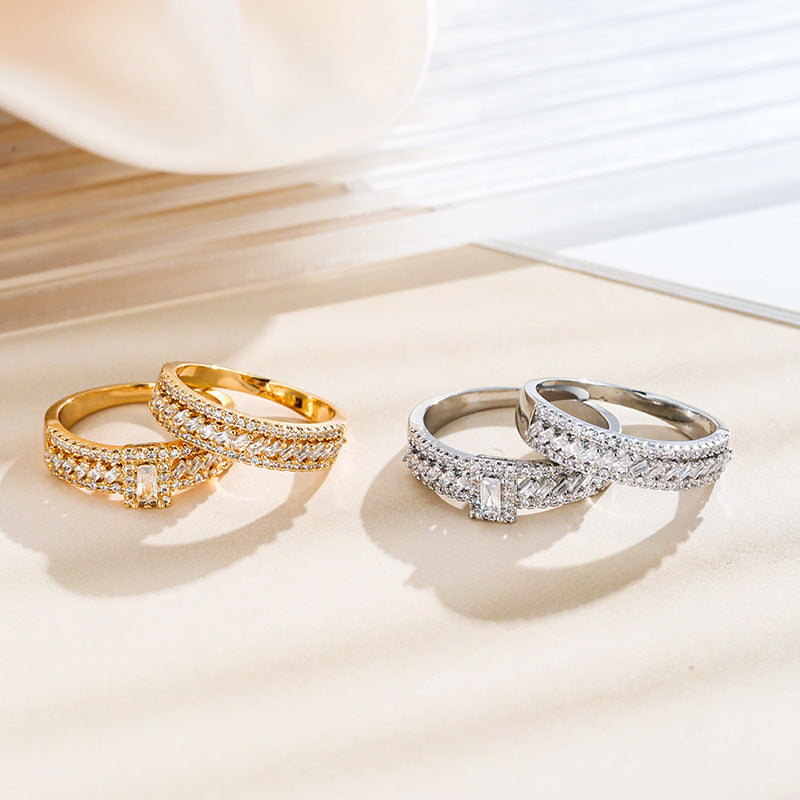 Womens Copper Ring Set With Zircon Stone Geometric Electroplated Jewelry European American Style Fashion Rings Pair