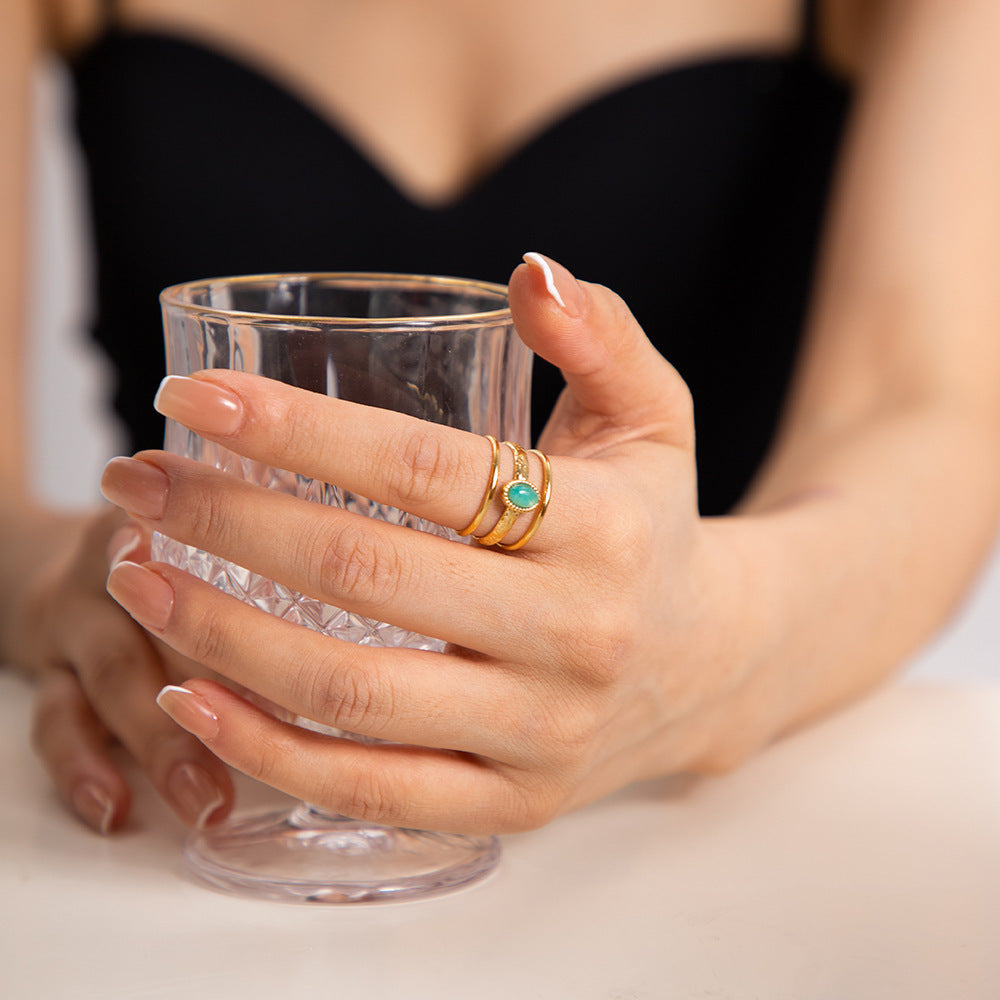 Women Natural Stone Geometric Open Ring Stainless Steel