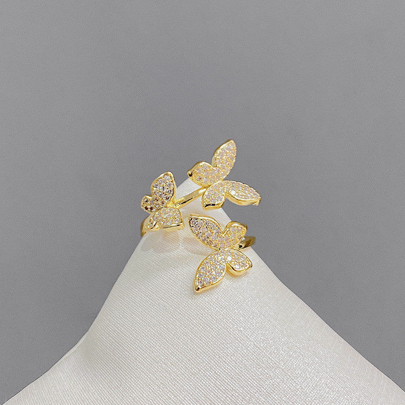 Womens Butterfly Ring Gold Plated Copper Gemstone Floral Design Jewelry Elegant Statement Accessory Korean Style
