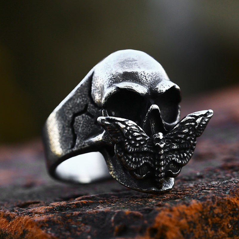 Stainless Steel Moth Skull Ring Bold Gothic Jewelry For Men With Polished Finish And Large Statement Style Casual