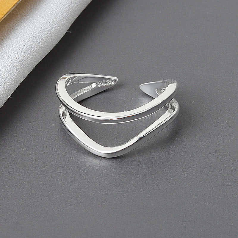 Womens Adjustable Double Layer Geometric Copper Ring Platinum Color Simple Band Fashion Jewelry Elegant Styles