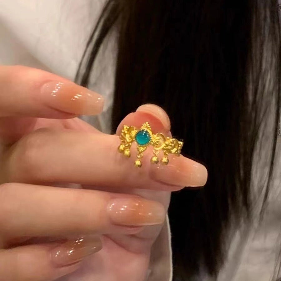 Open Copper Geometric Ring With Golden Balls And Tassels Electroplated Fashion Jewelry For Women Elegant Rings