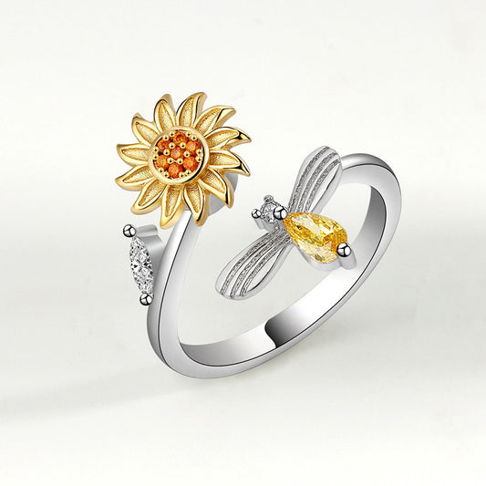 Womens Adjustable Rotating Sunflower Ring Zircon Inlaid Copper White Color Plated Durable Fashion Jewelry Gift