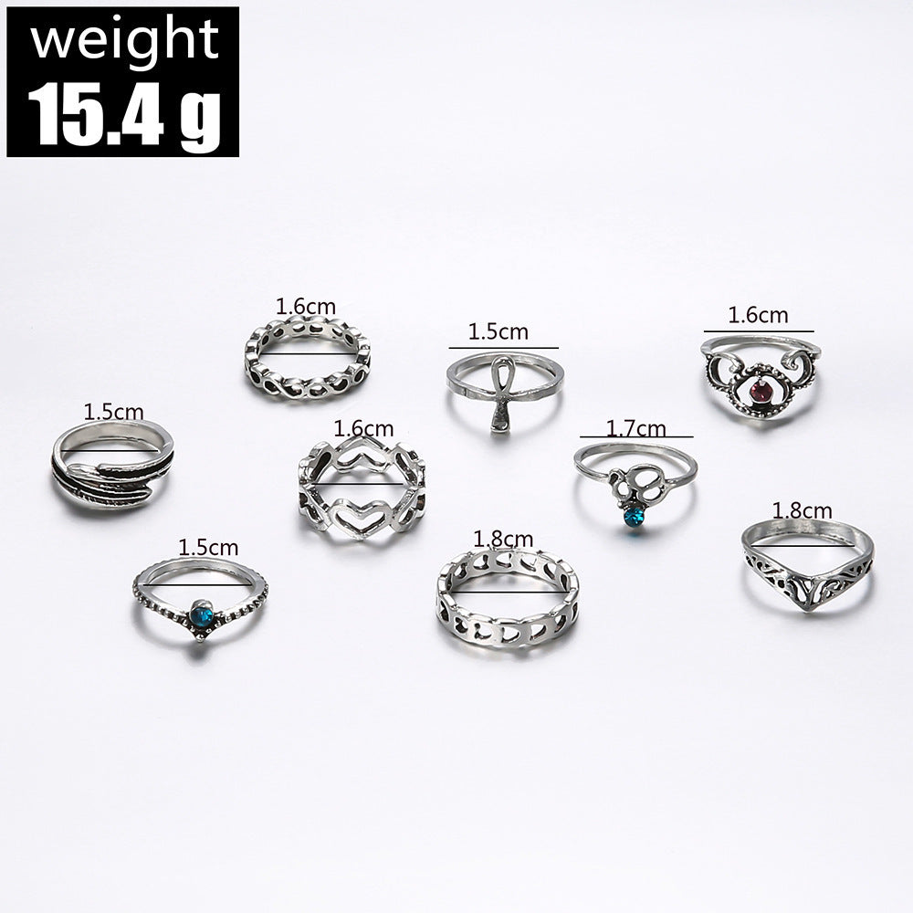 Womens Knuckle Rings Set Vintage Gemstones Carved Rings 9 Piece Alloy Heart Shaped Silver Tone Fashion Jewelry
