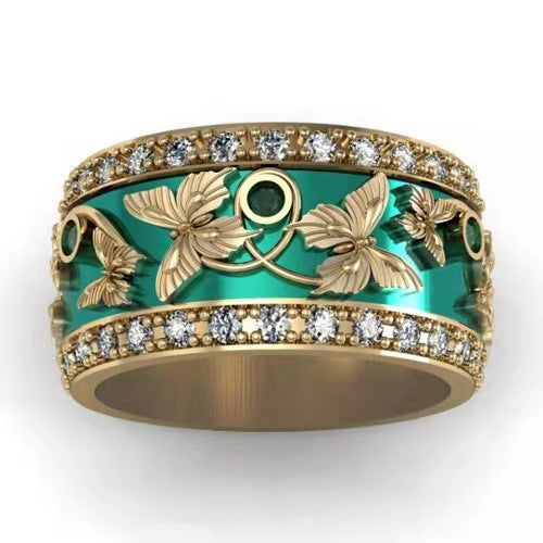 Green Butterfly Zircon Ring Inlaid Electroplated Alloy Jewelry Vintage Style Elegant Statement Gift For Her Collection