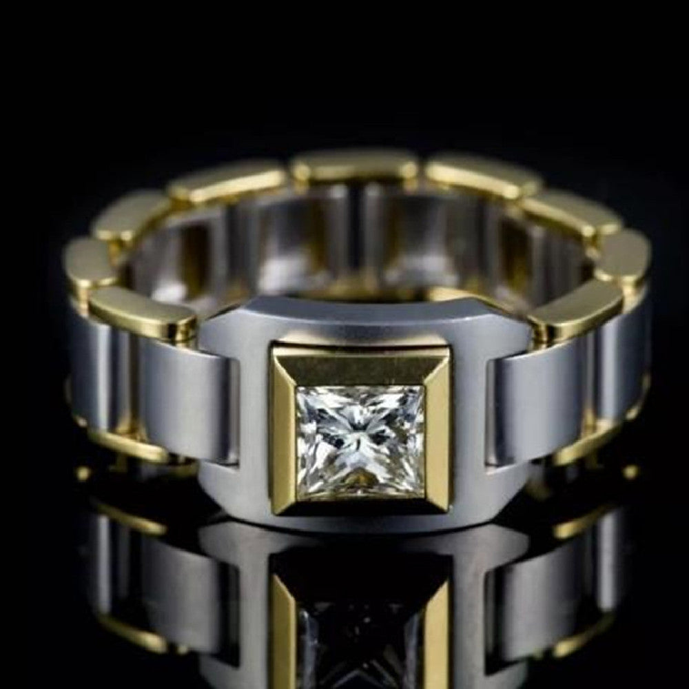 Two Tone Geometric Ring With Gemstone Inlay Alloy Band Elegant Statement Jewelry For Women And Girls Sizes 6 7