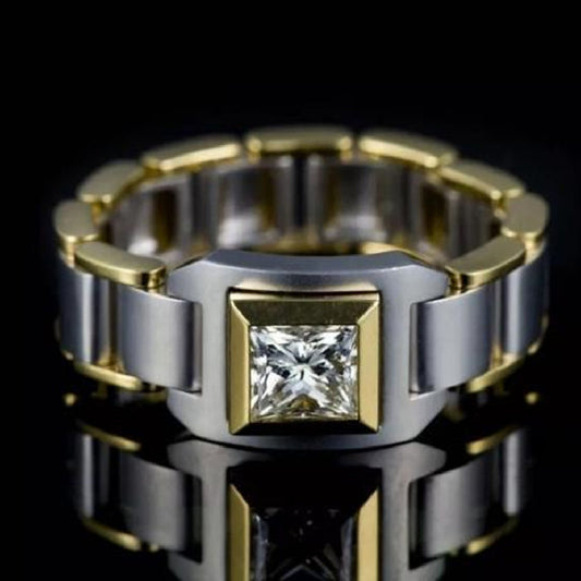 Two Tone Geometric Ring With Gemstone Inlay Alloy Band Elegant Statement Jewelry For Women And Girls Sizes 6 7