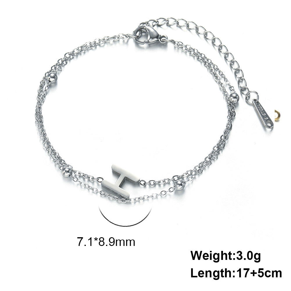 Womens Stainless Steel Double Layer Chain Bracelet With Initial Pendant Electroplated Finish Jewelry Gift Gold