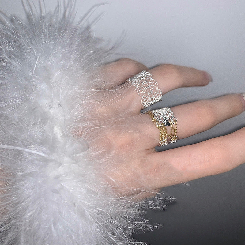 White Hollow Chain Ring Copper Open Ring Wide Side Opening Jewelry For Everyday Wear Allergen Free Durable Pro