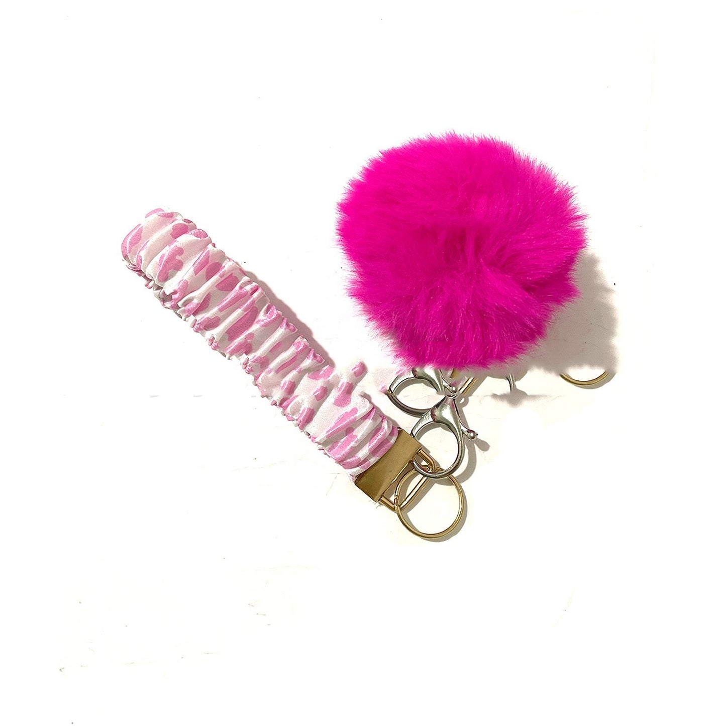 Metal Keychain Wrist Strap with Hair Ring Pink Love
